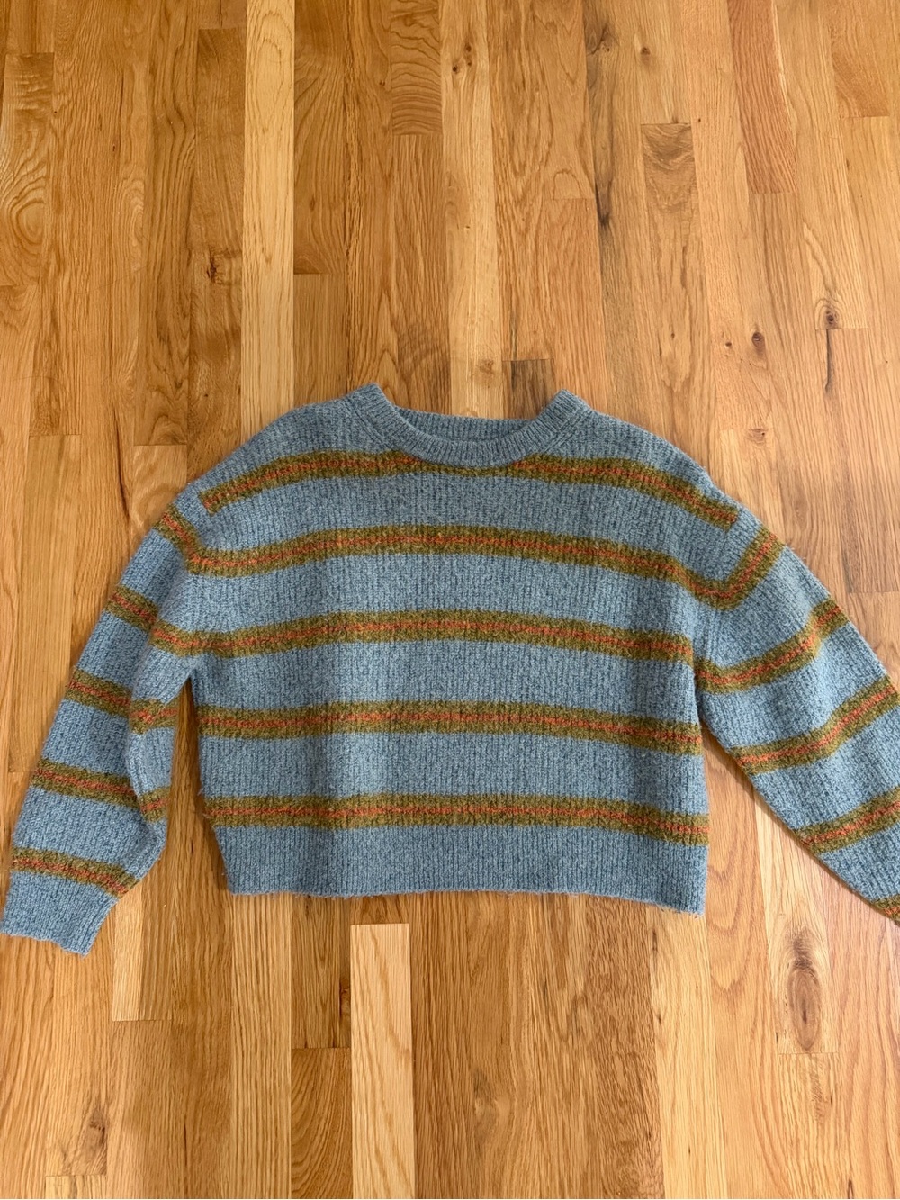 Spiritual Gangster Sky Blue Crewneck Sweater with Olive Green & Rust Stripes